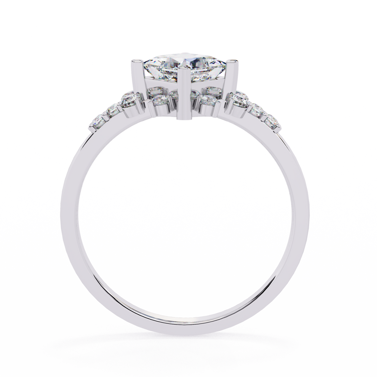 White Gold Kite-Set Princess Cut Diamond Ring with Scattered Cluster Accents
