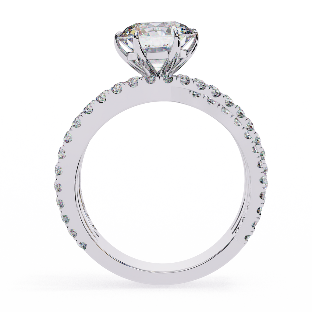 White Gold Round Brilliant Diamond Ring with Triple Split Pavé Crossover Band