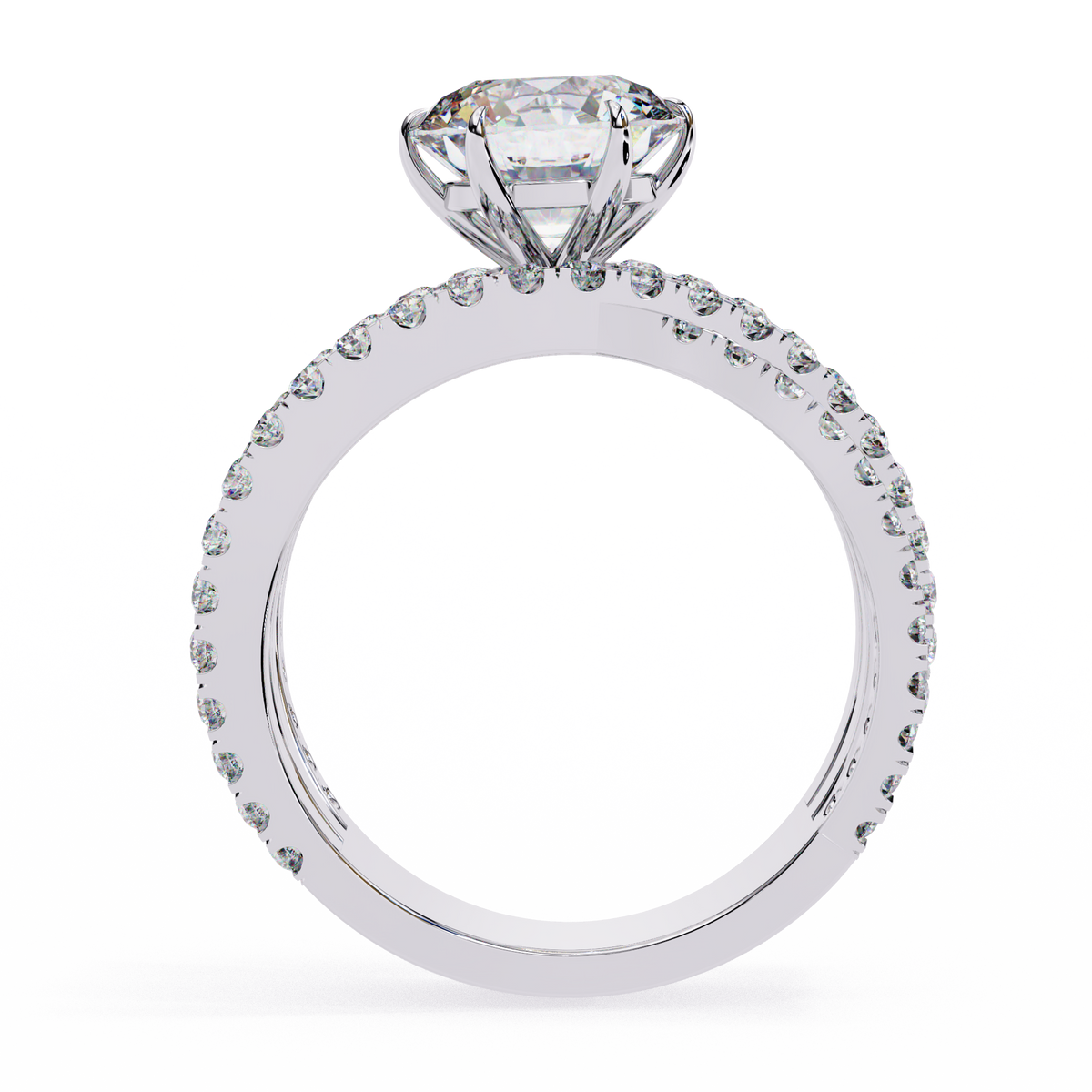 White Gold Round Brilliant Diamond Ring with Triple Split Pavé Crossover Band