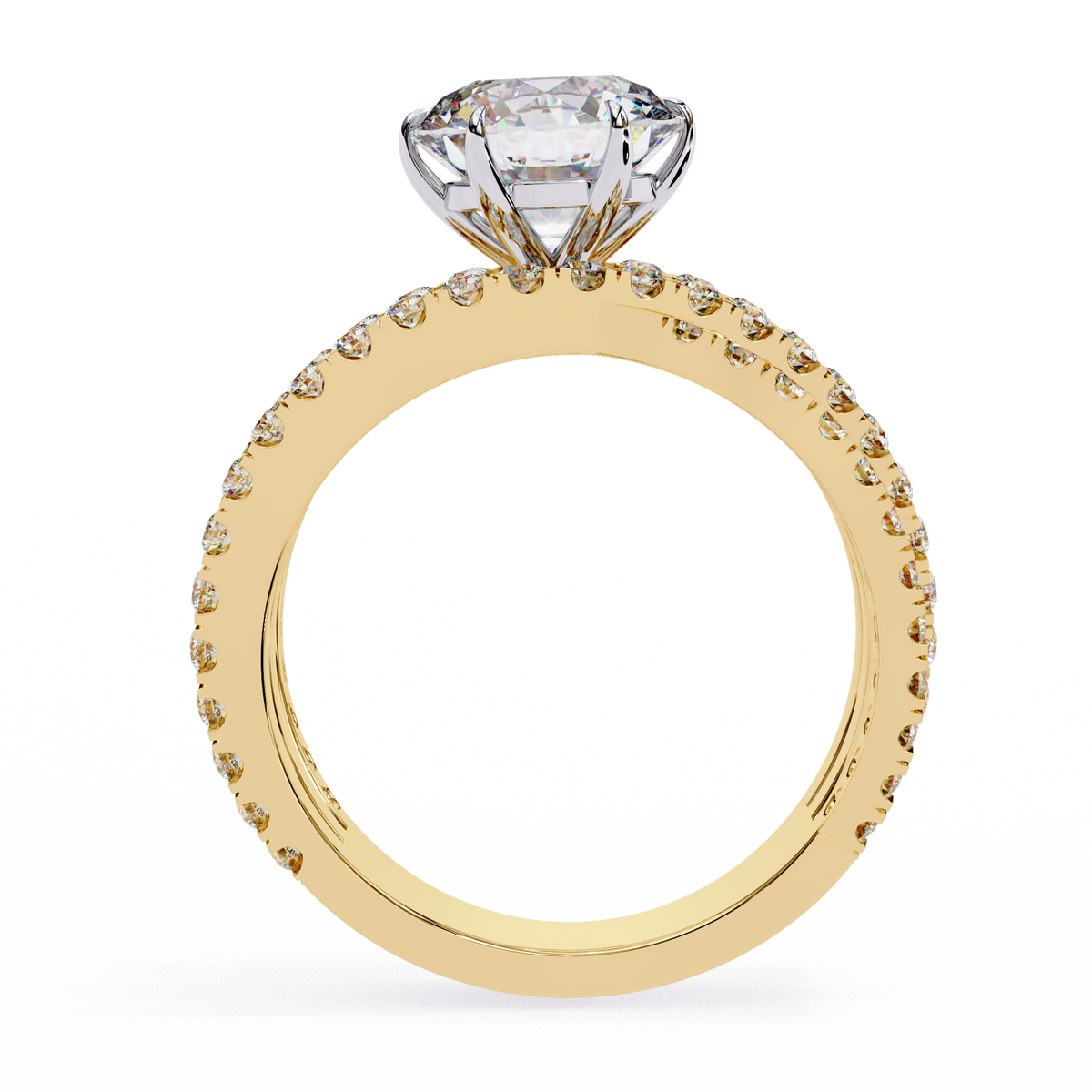 Yellow Gold Round Brilliant Diamond Ring with Triple Split Pavé Crossover Band