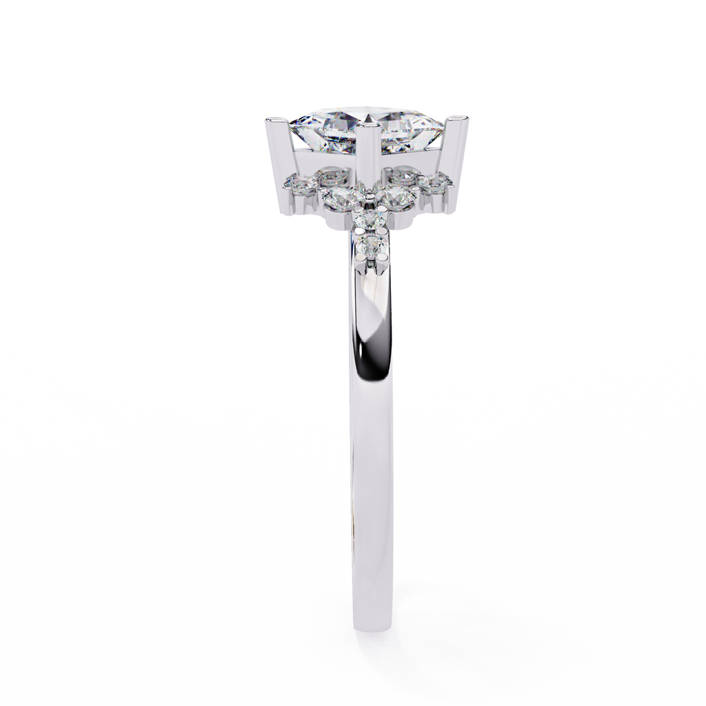White Gold Kite-Set Princess Cut Diamond Ring with Scattered Cluster Accents