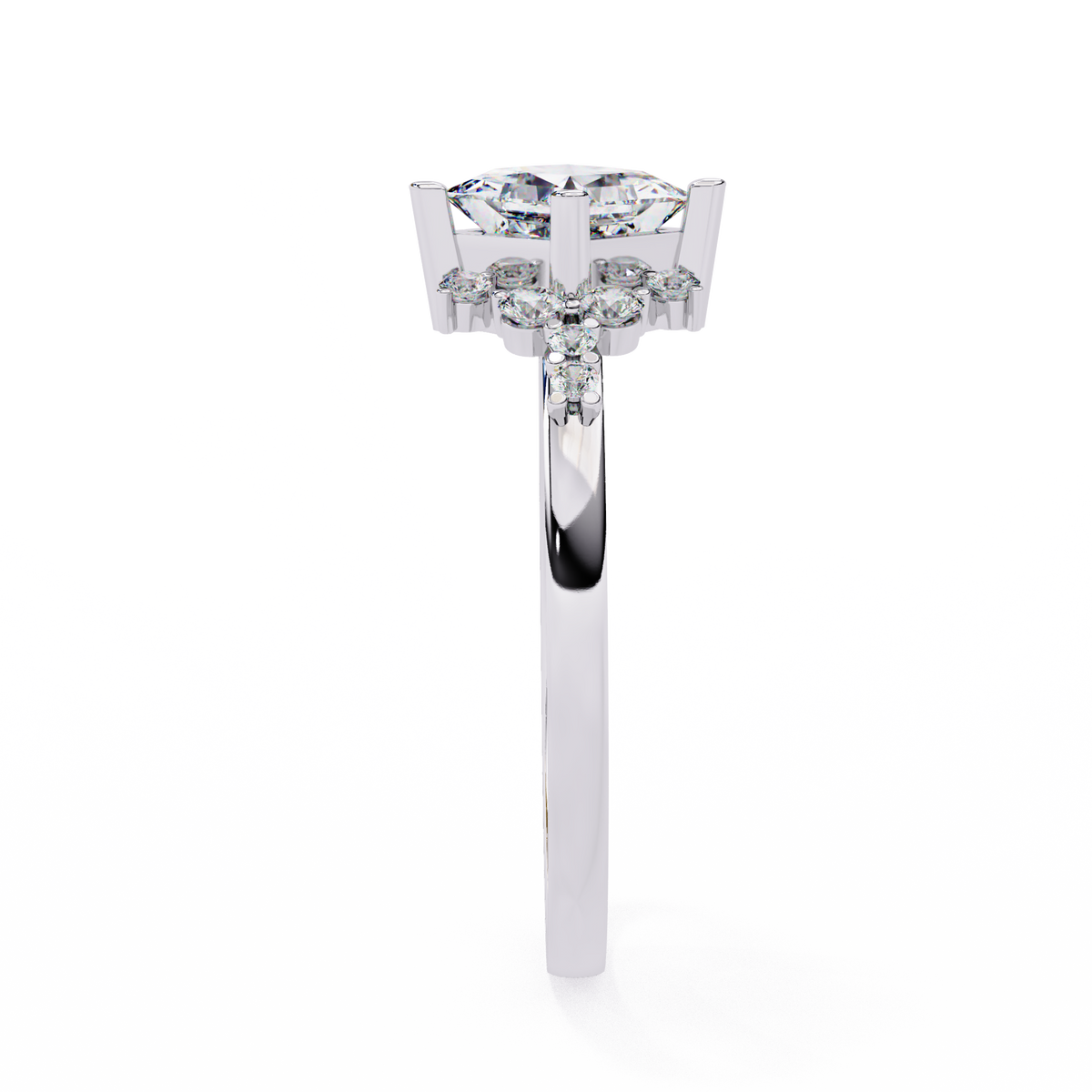 White Gold Kite-Set Princess Cut Diamond Ring with Scattered Cluster Accents