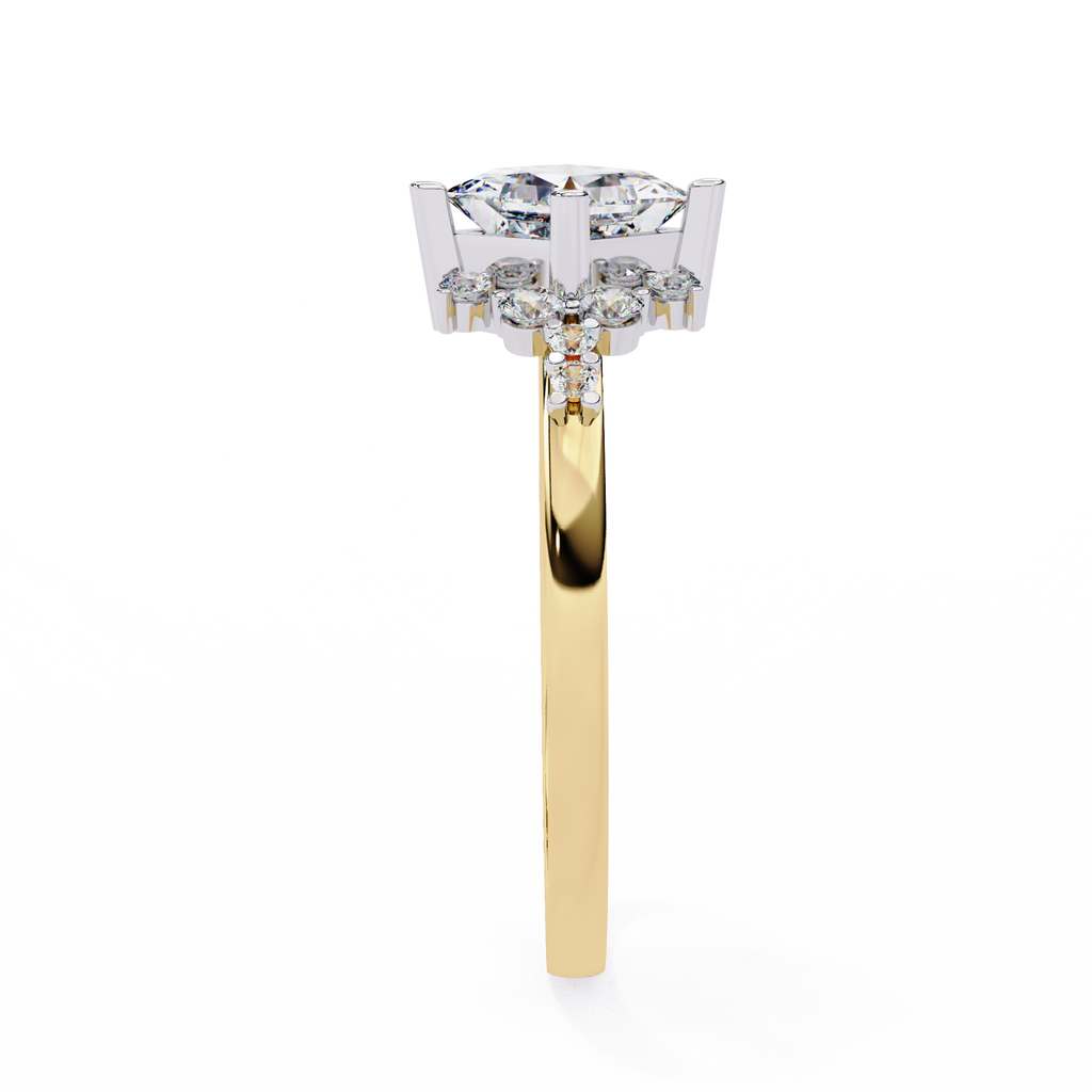 Yellow Gold Kite-Set Princess Cut Diamond Ring with Scattered Cluster Accent