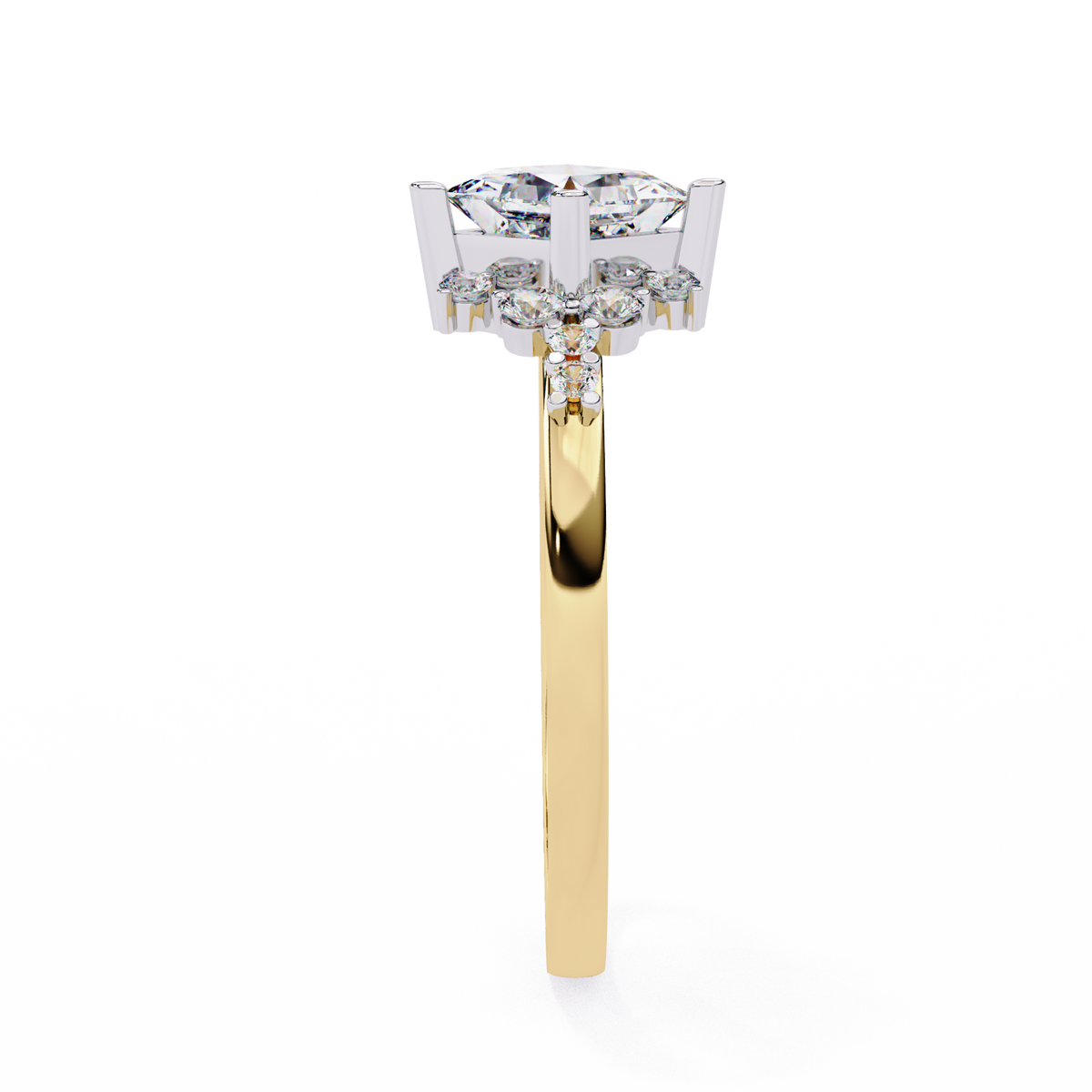 Yellow Gold Kite-Set Princess Cut Diamond Ring with Scattered Cluster Accent