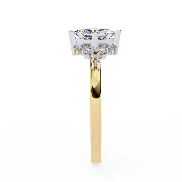Yellow Gold Kite-Set Princess Cut Diamond Ring with Scattered Cluster Accent