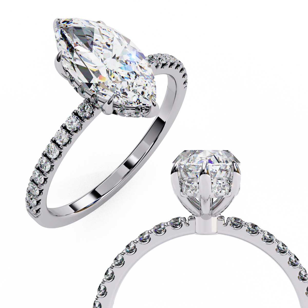 White Gold Marquise Diamond Solitaire Pavé Engagement Ring