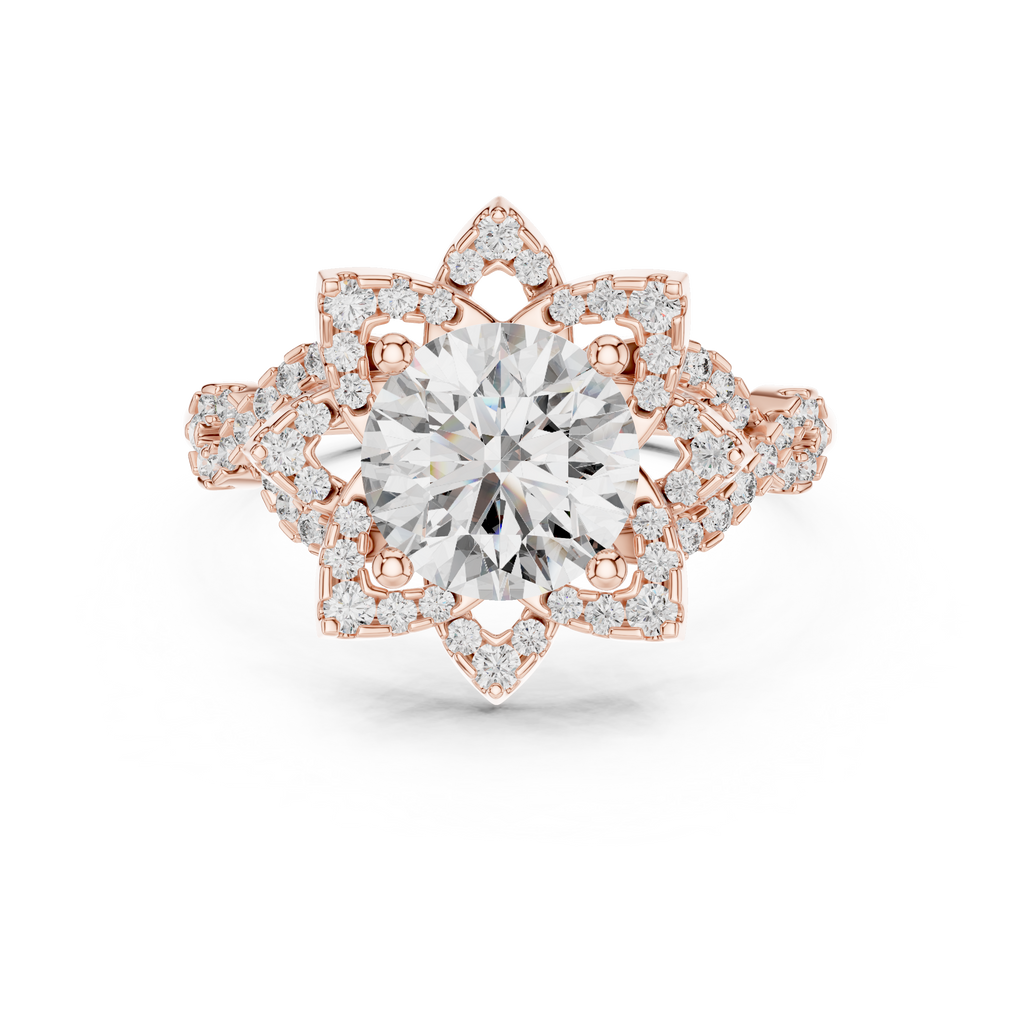Gold Round Diamond Floral Halo Ring with Twisted Diamond Shank