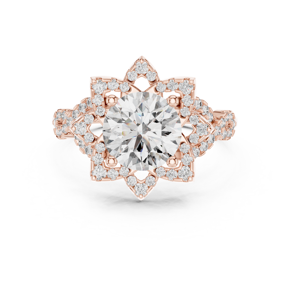 Gold Round Diamond Floral Halo Ring with Twisted Diamond Shank