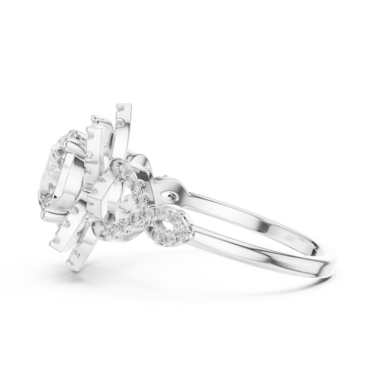 Gold Round Diamond Floral Halo Ring with Twisted Diamond Shank