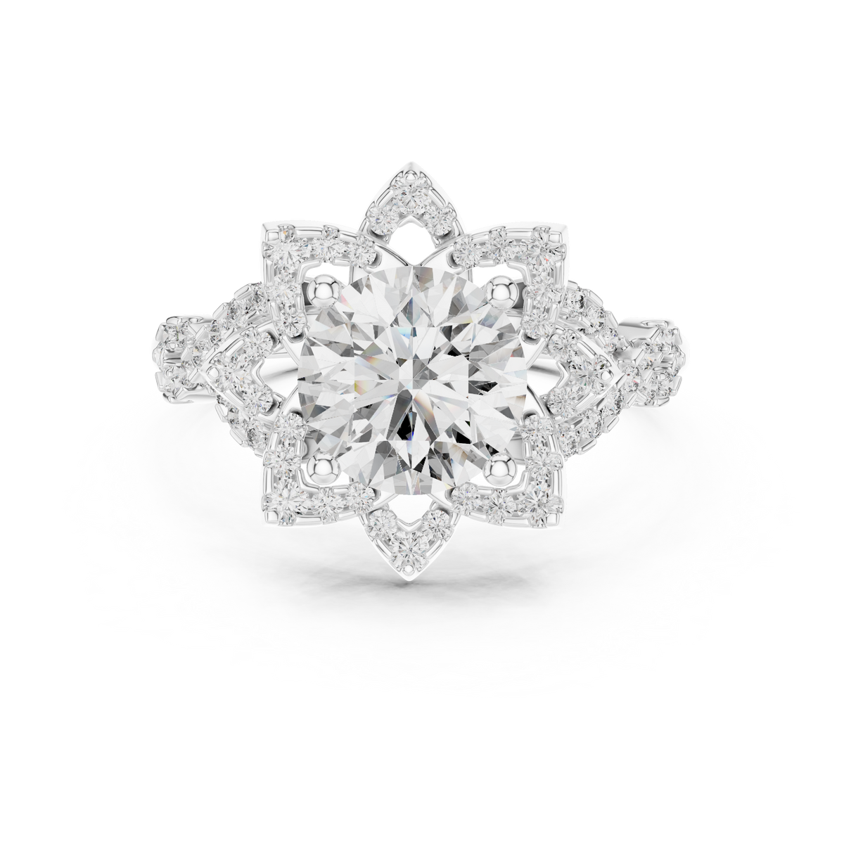 Gold Round Diamond Floral Halo Ring with Twisted Diamond Shank