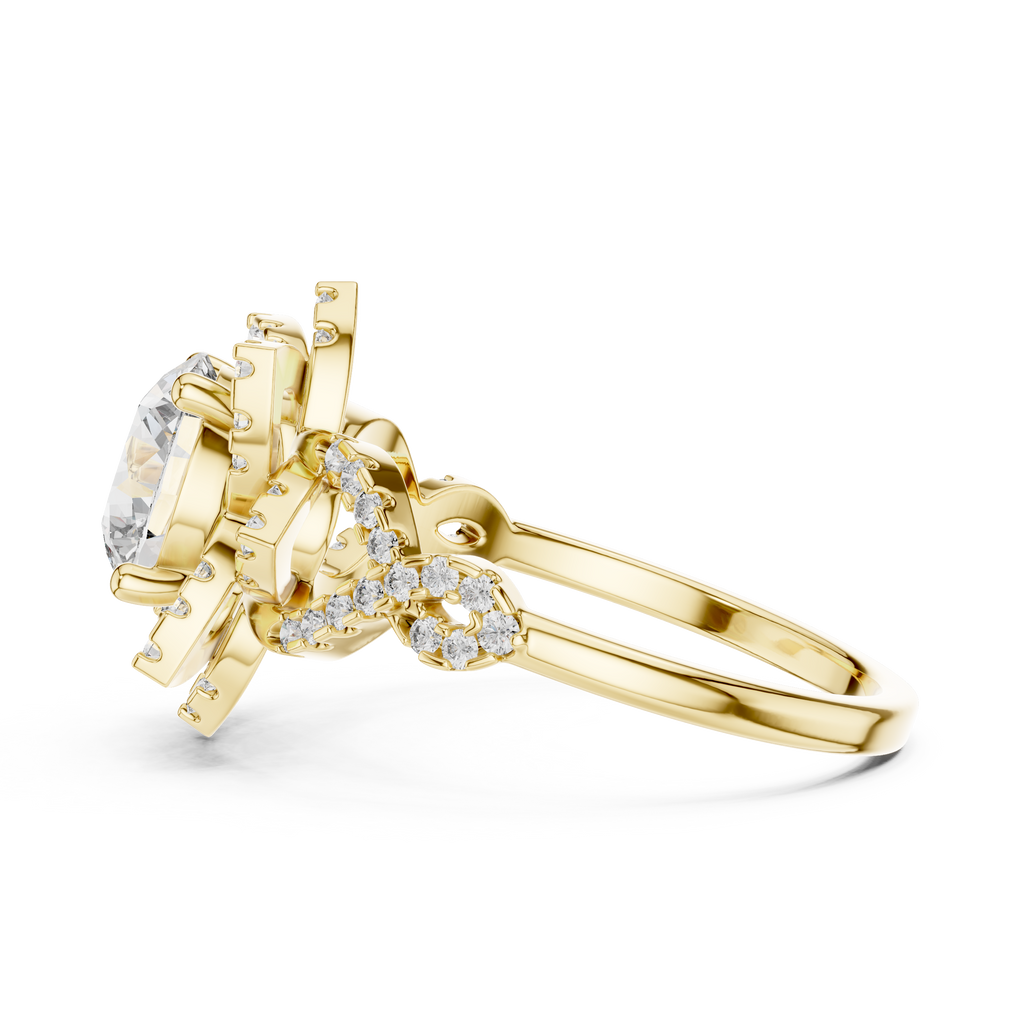 Gold Round Diamond Floral Halo Ring with Twisted Diamond Shank