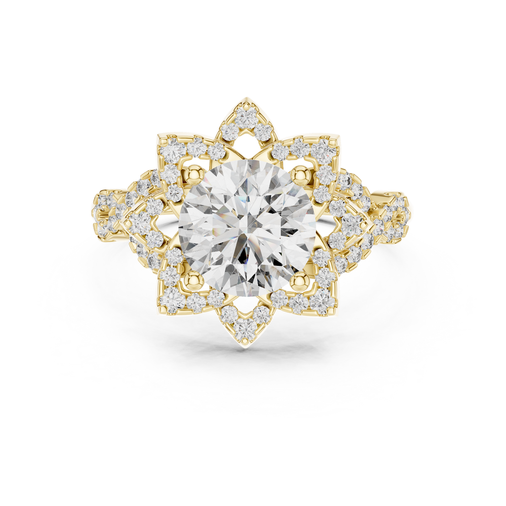 Gold Round Diamond Floral Halo Ring with Twisted Diamond Shank