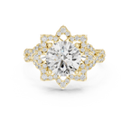 Gold Round Diamond Floral Halo Ring with Twisted Diamond Shank