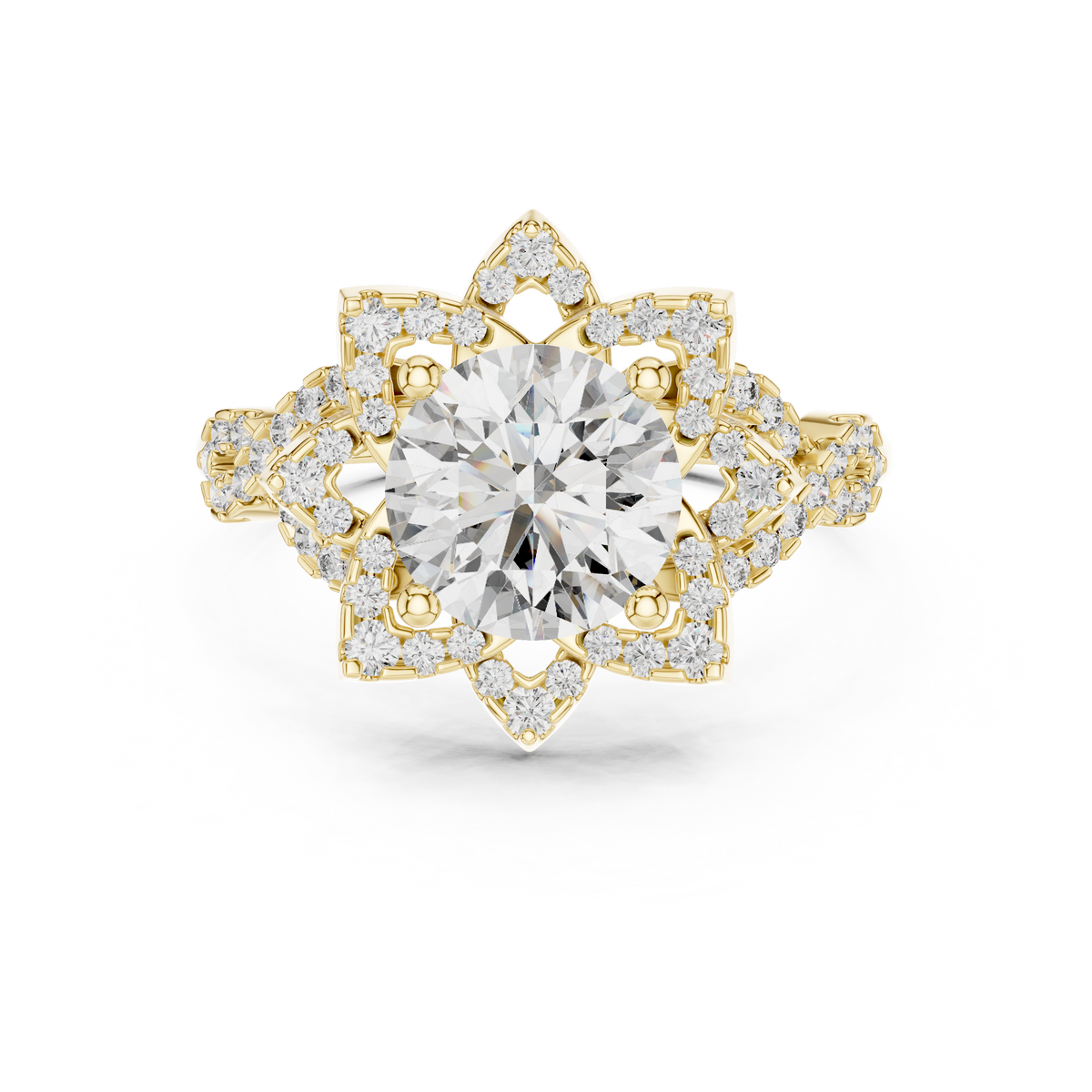 Gold Round Diamond Floral Halo Ring with Twisted Diamond Shank