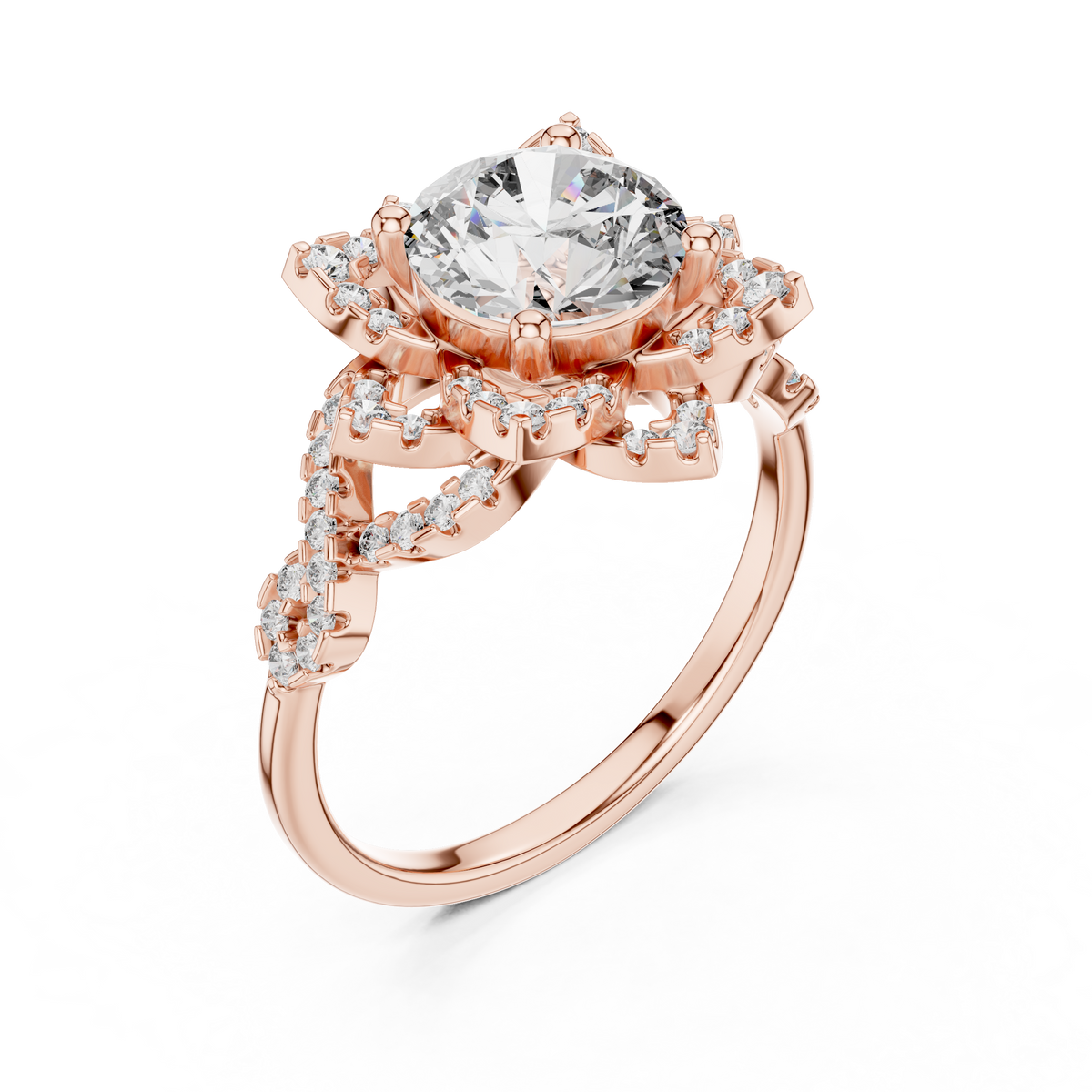 Gold Round Diamond Floral Halo Ring with Twisted Diamond Shank