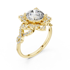 Gold Round Diamond Floral Halo Ring with Twisted Diamond Shank