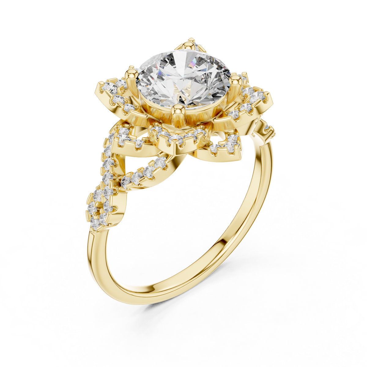 Gold Round Diamond Floral Halo Ring with Twisted Diamond Shank