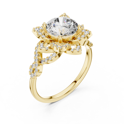 Gold Round Diamond Floral Halo Ring with Twisted Diamond Shank