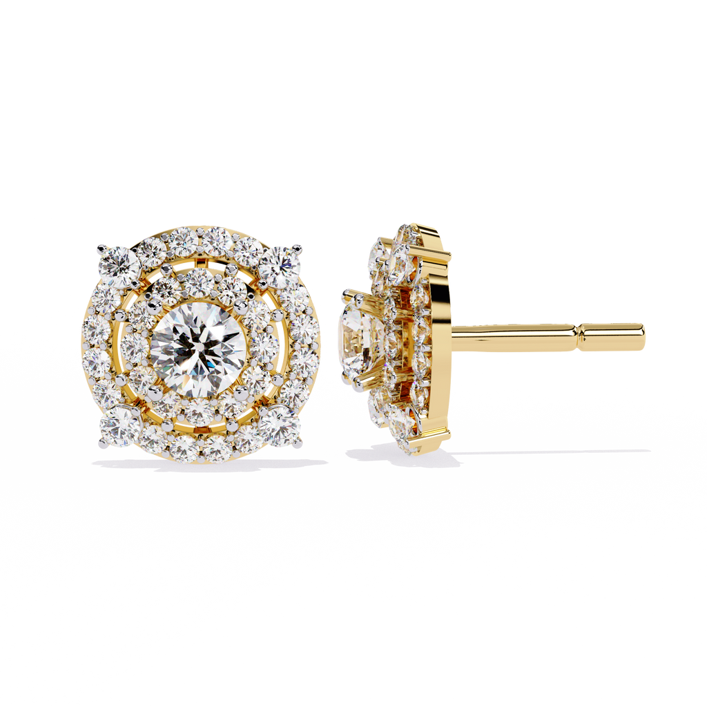 Gold Diamond Double Halo Stud Earrings