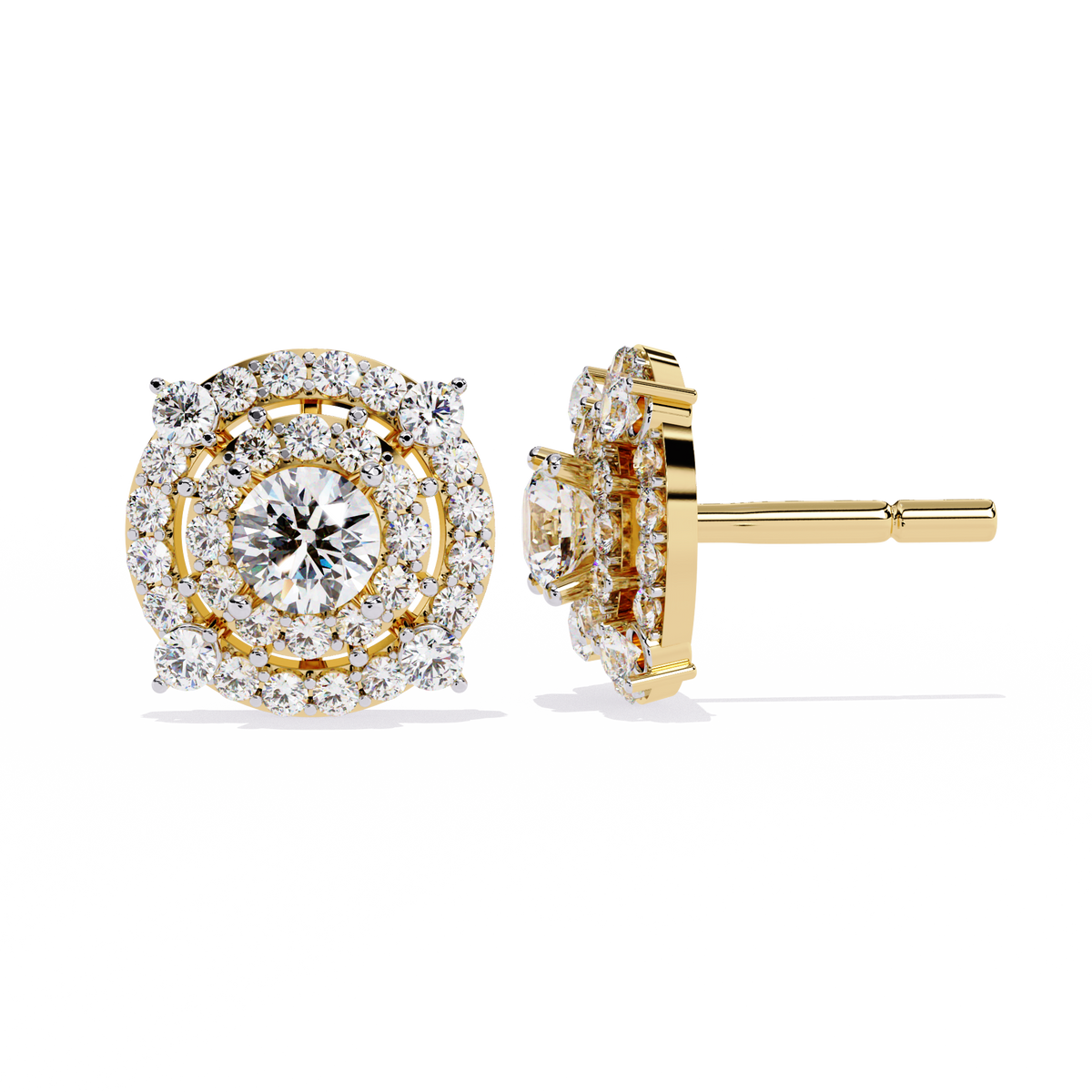 Gold Diamond Double Halo Stud Earrings