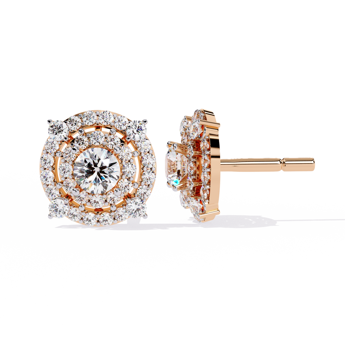 Gold Diamond Double Halo Stud Earrings