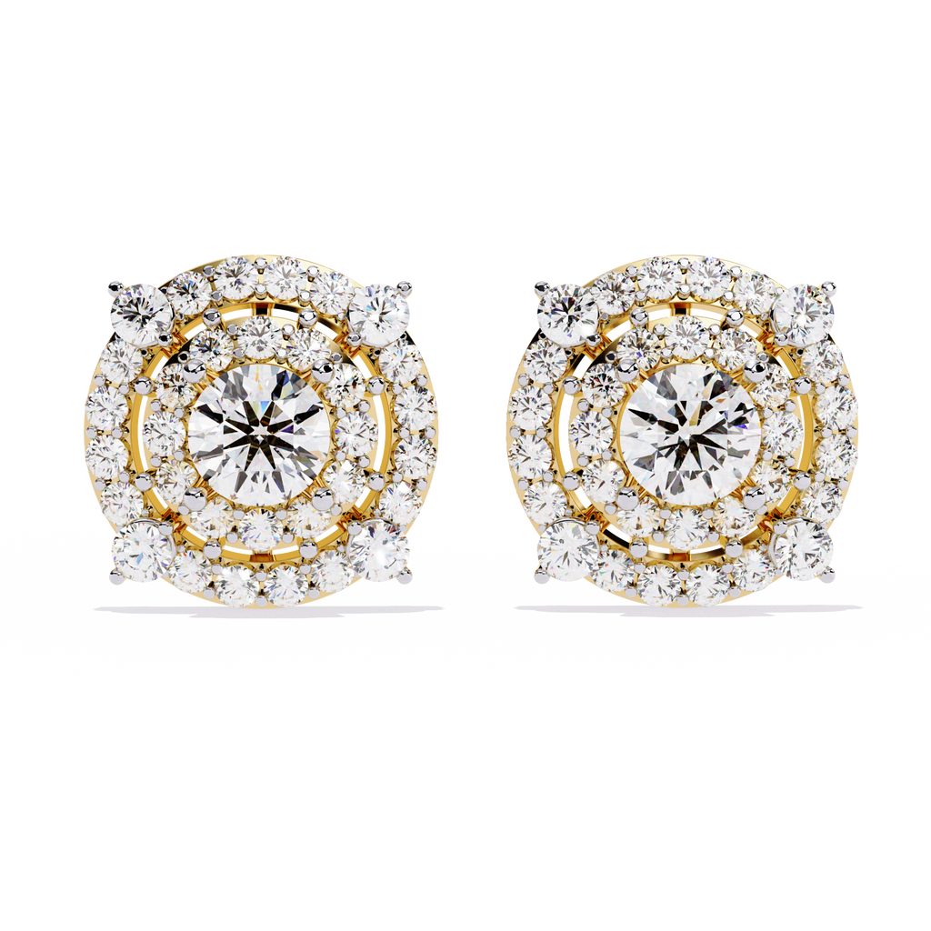 Gold Diamond Double Halo Stud Earrings