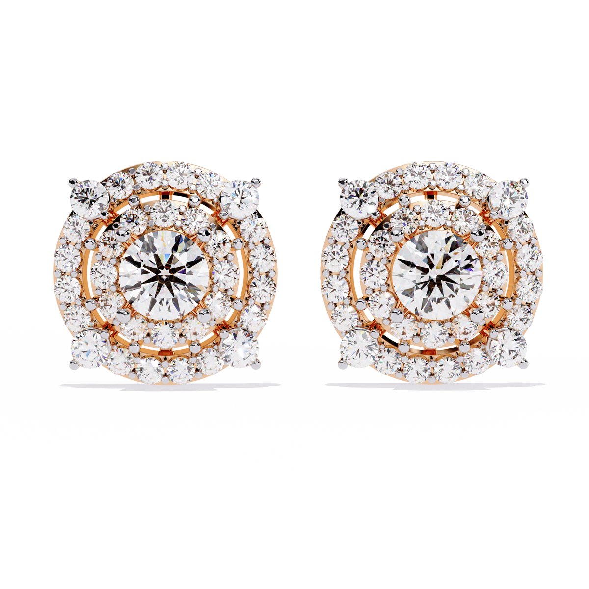 Gold Diamond Double Halo Stud Earrings