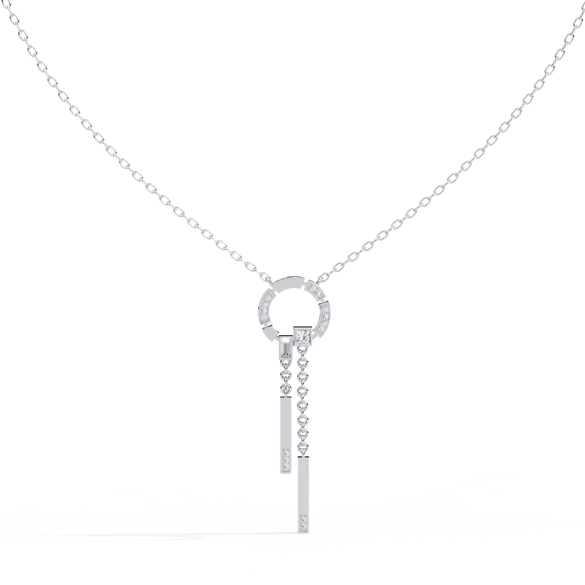 White Gold Circle & Dangling Bar Diamond Necklace
