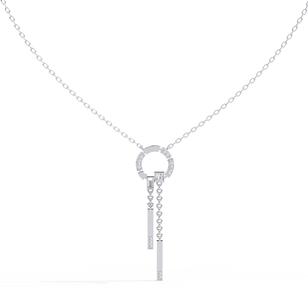 White Gold Circle & Dangling Bar Diamond Necklace