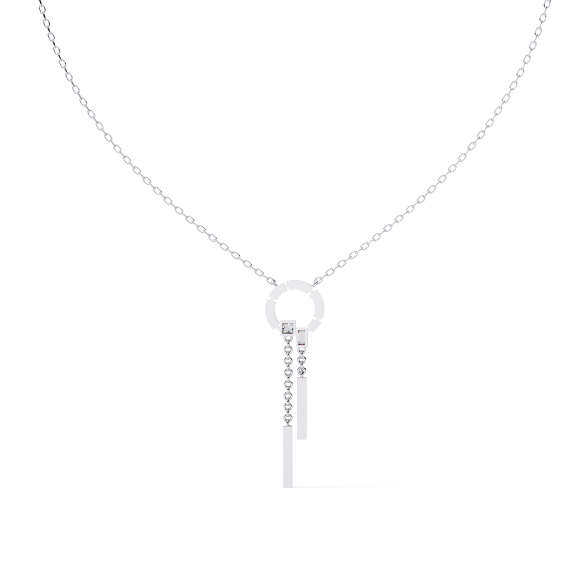 White Gold Circle & Dangling Bar Diamond Necklace