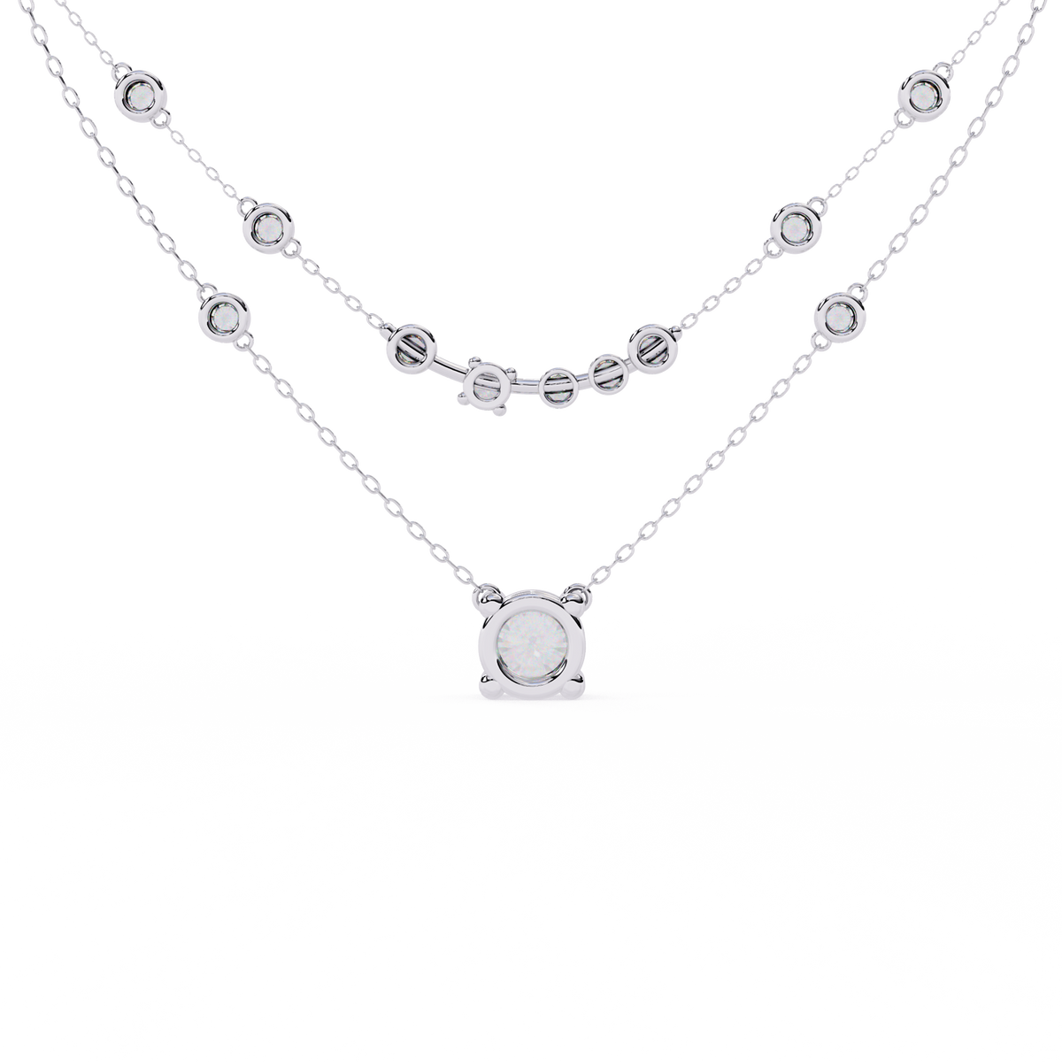 White Gold Layered Solitaire & Station Diamond Necklace
