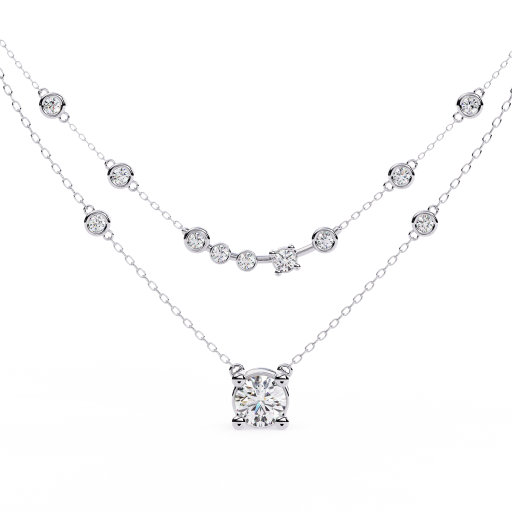 White Gold Layered Solitaire & Station Diamond Necklace