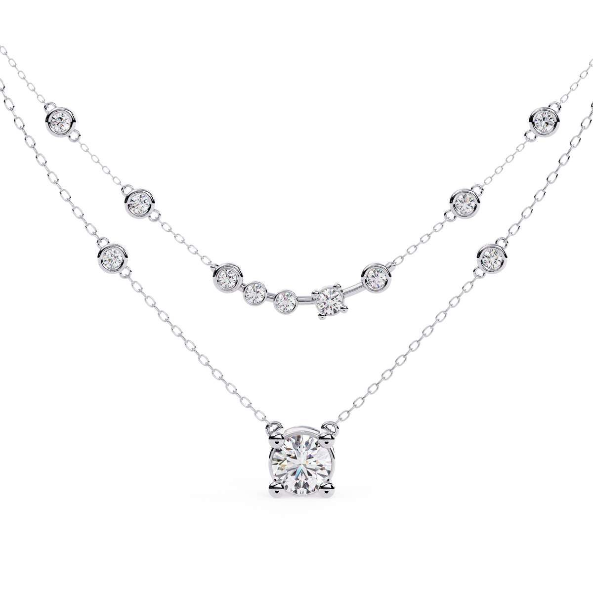 White Gold Layered Solitaire & Station Diamond Necklace