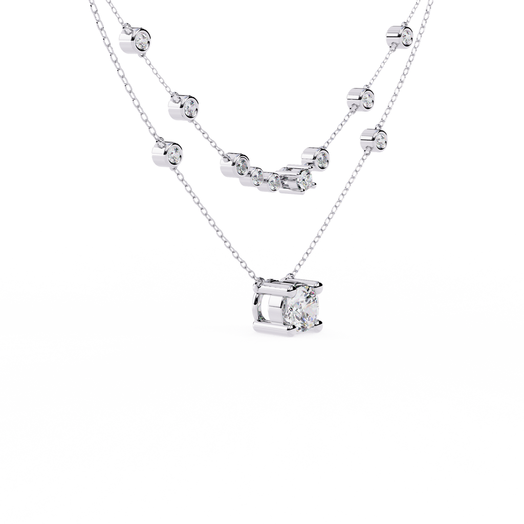 White Gold Layered Solitaire & Station Diamond Necklace