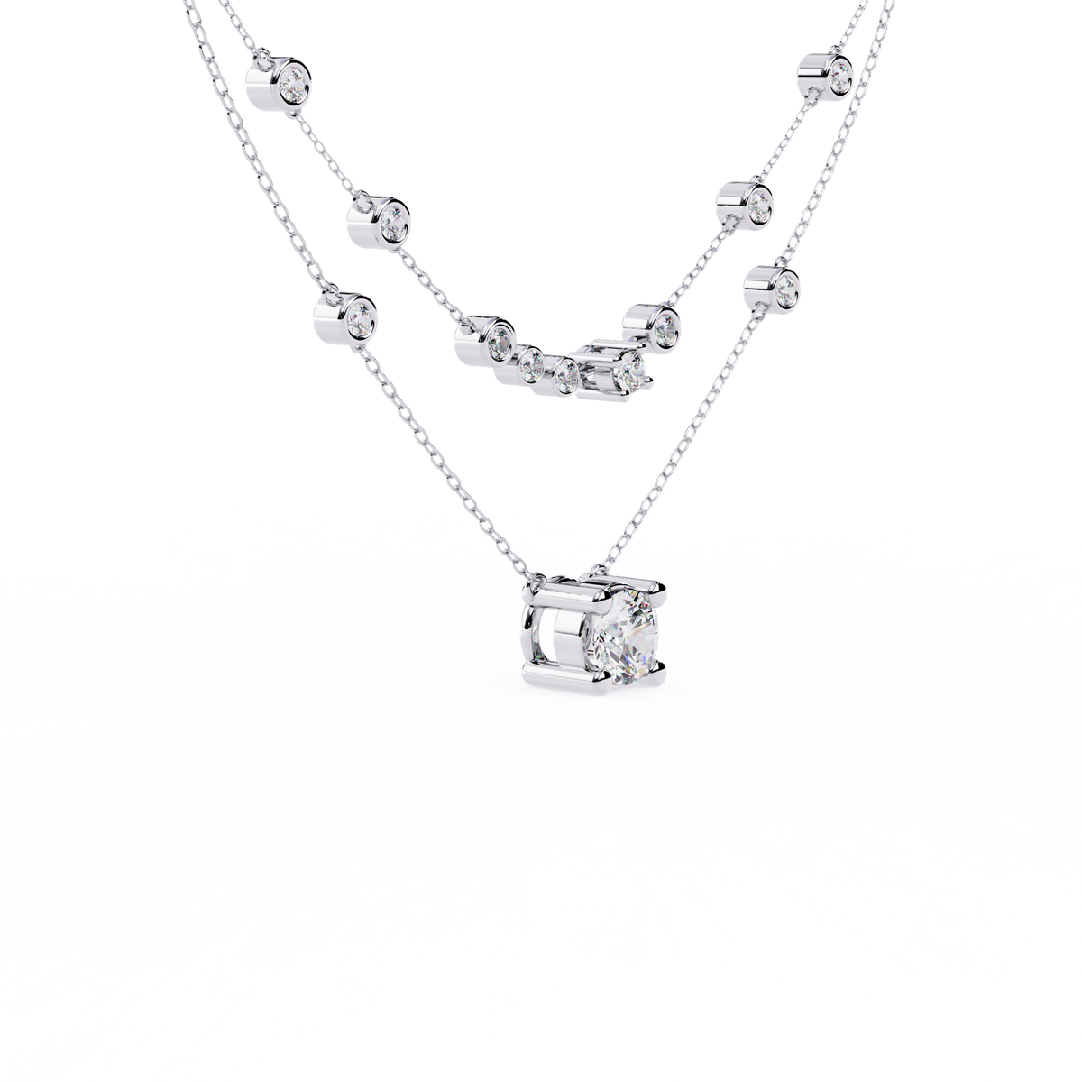 White Gold Layered Solitaire & Station Diamond Necklace
