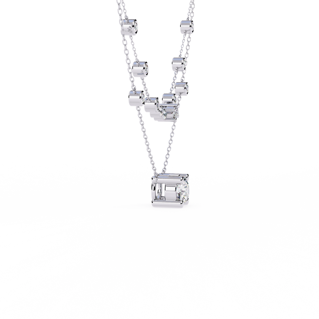 White Gold Layered Solitaire & Station Diamond Necklace