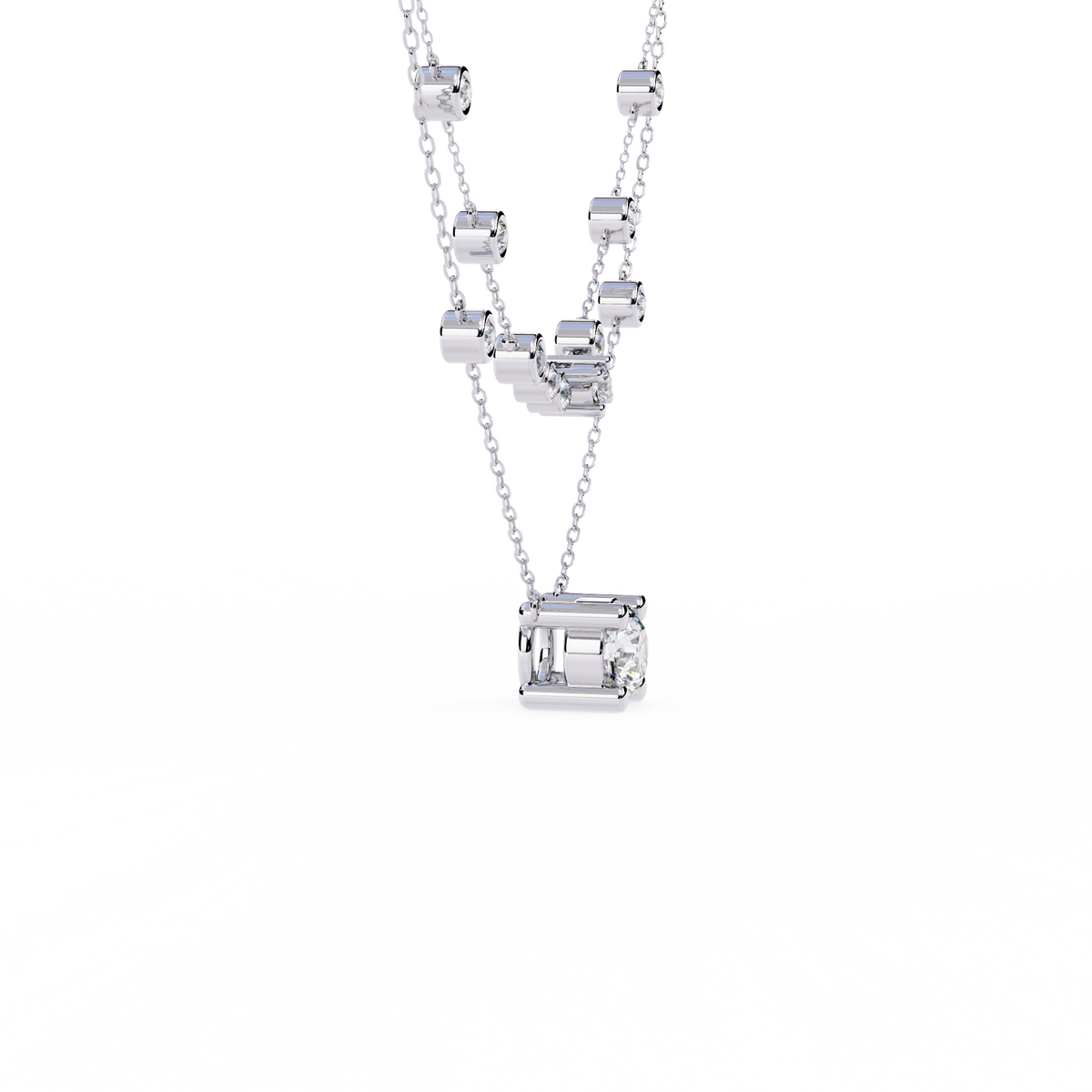 White Gold Layered Solitaire & Station Diamond Necklace