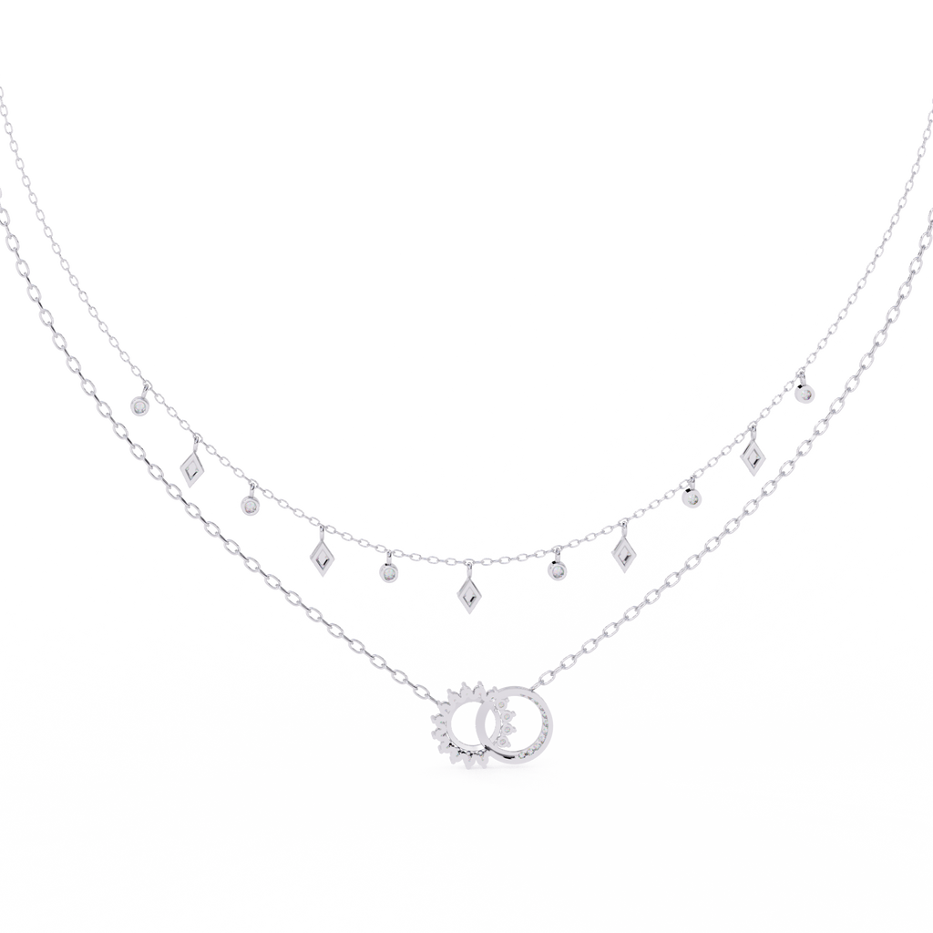 White Gold Interlocking Circles & Charm Layered Necklace