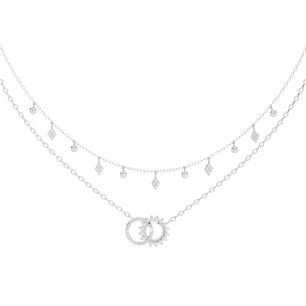 White Gold Interlocking Circles & Charm Layered Necklace