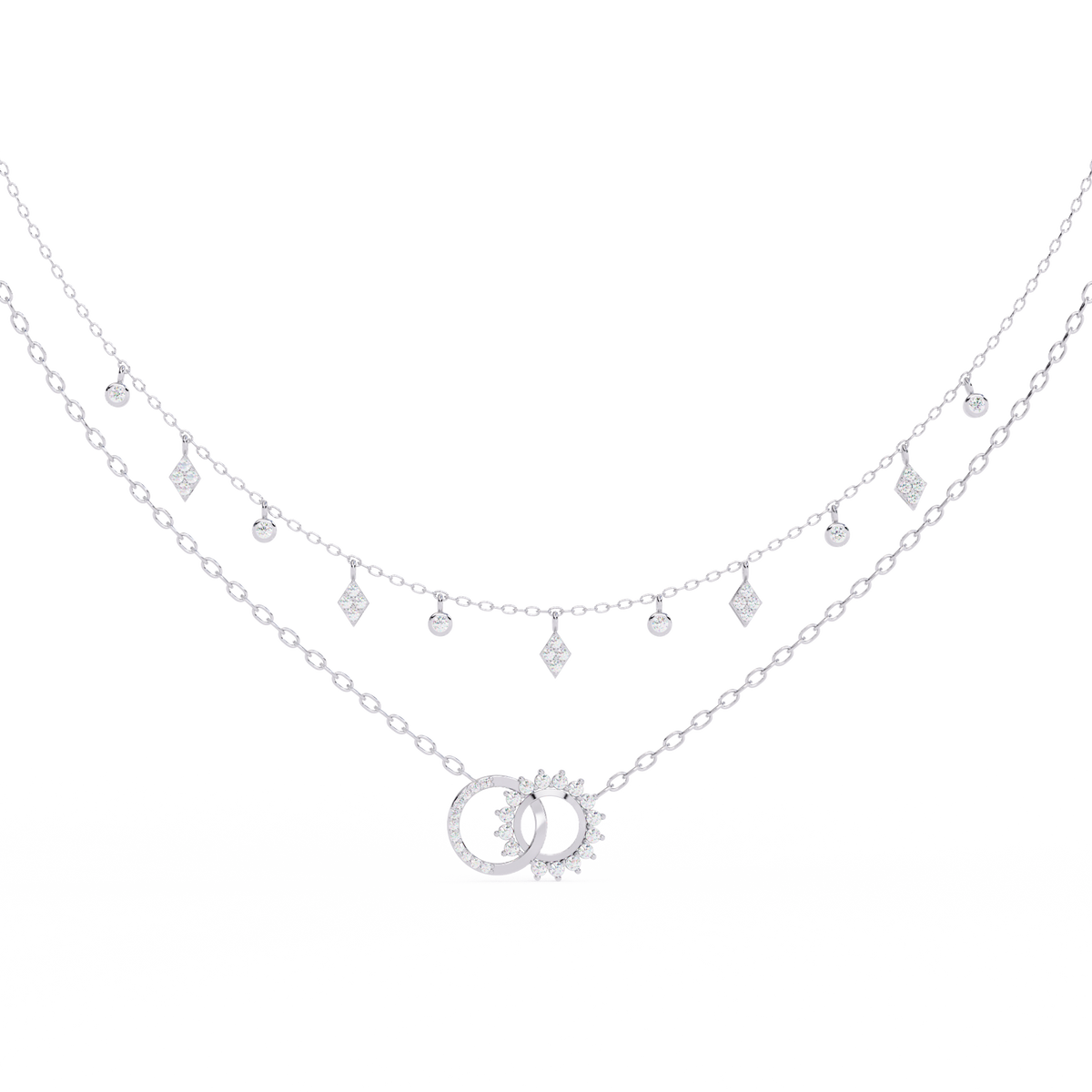 White Gold Interlocking Circles & Charm Layered Necklace