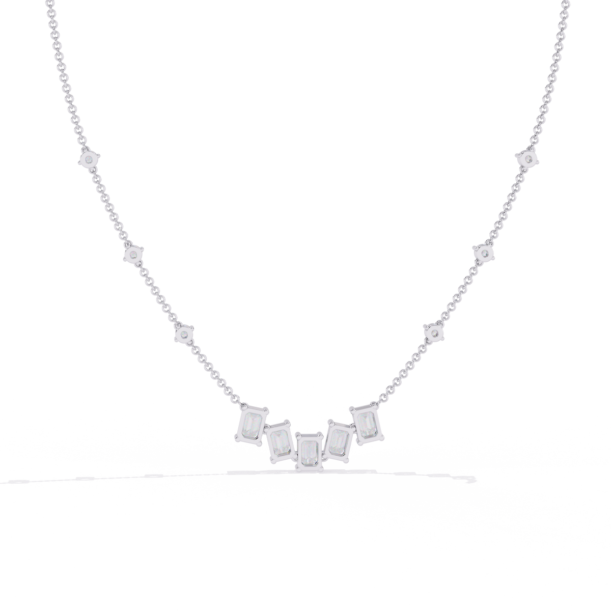 White Gold Emerald-Cut Cluster & Station Diamond Necklace