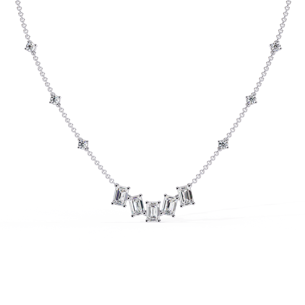 White Gold Emerald-Cut Cluster & Station Diamond Necklace