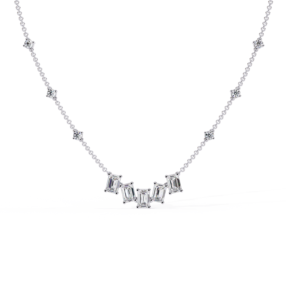 White Gold Emerald-Cut Cluster & Station Diamond Necklace