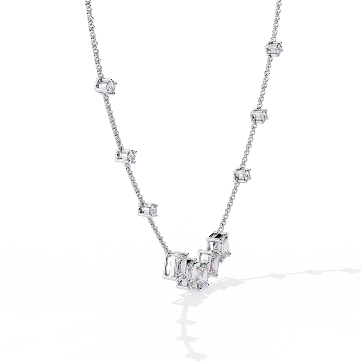 White Gold Emerald-Cut Cluster & Station Diamond Necklace