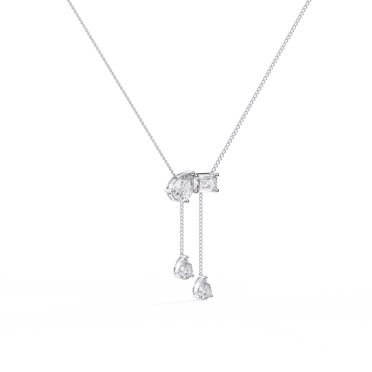 White Gold Pear & Emerald-Cut Diamond Lariat Drop Necklace