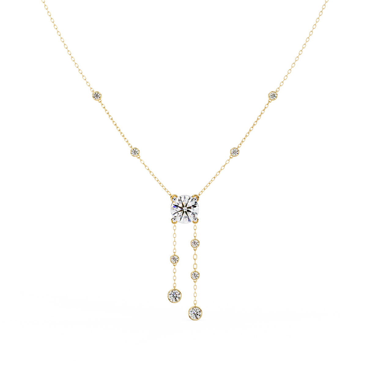 Yellow Gold Cascade Solitaire Bezel Drop Diamond Necklace