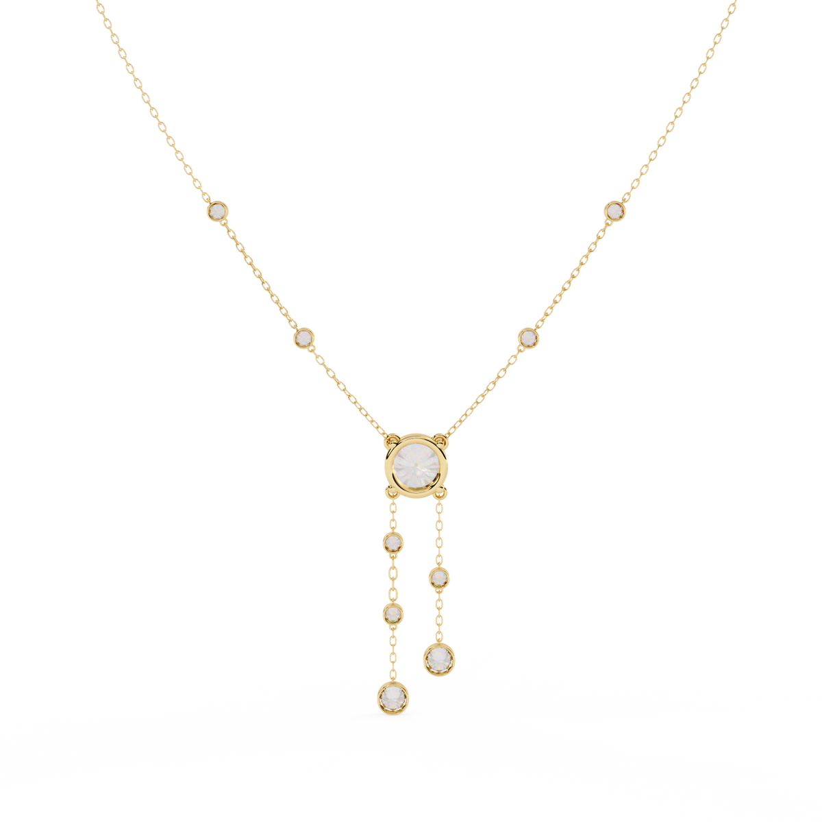 Yellow Gold Cascade Solitaire Bezel Drop Diamond Necklace