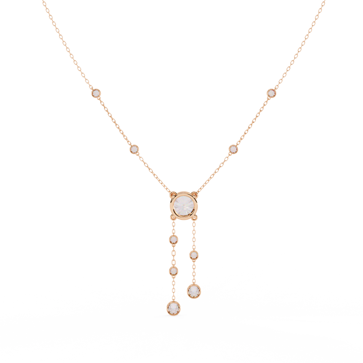 Rose Gold Cascade Solitaire Bezel Drop Diamond Necklace