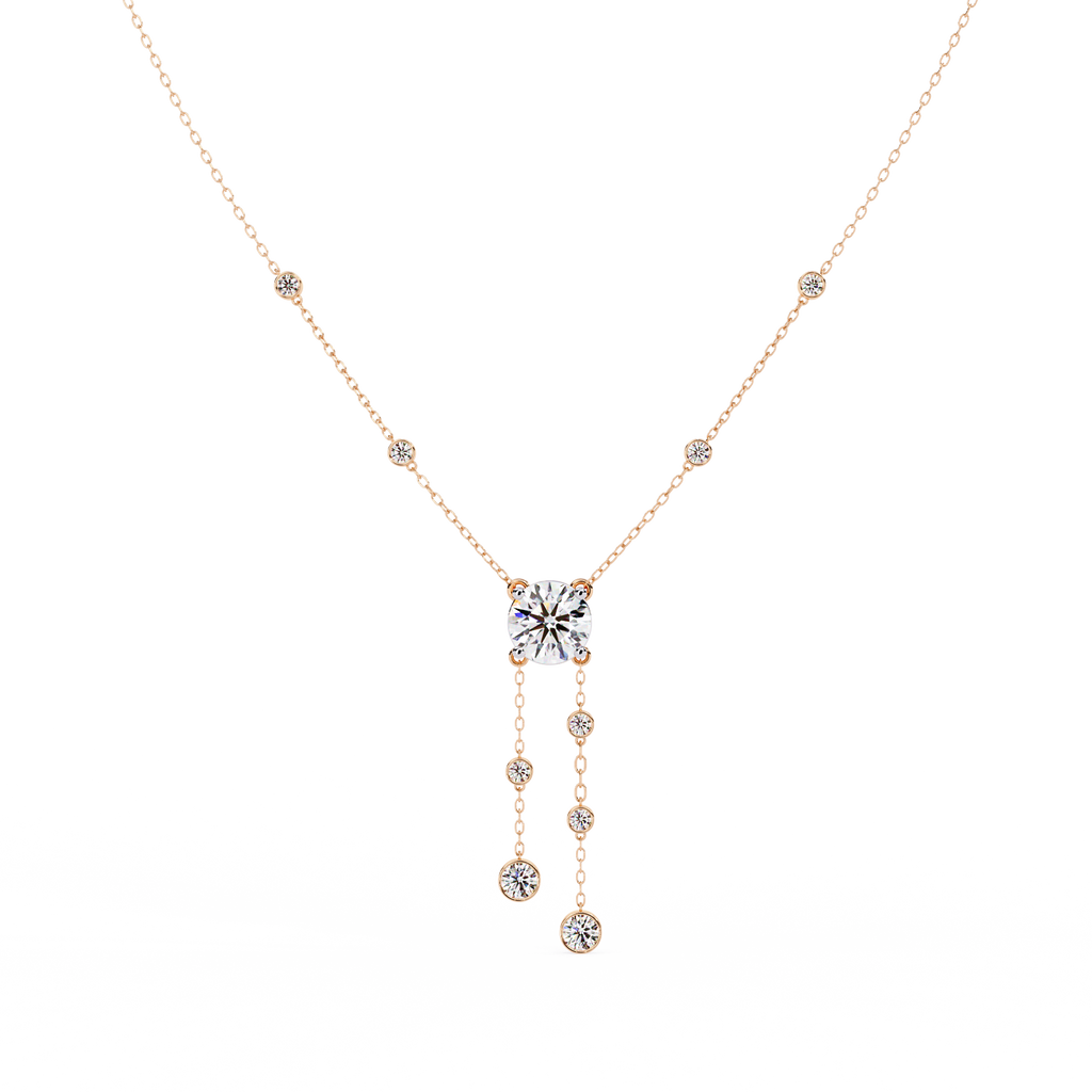 Rose Gold Cascade Solitaire Bezel Drop Diamond Necklace