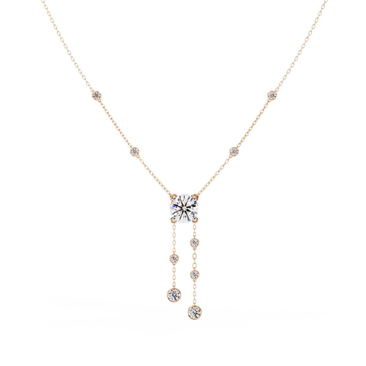 Rose Gold Cascade Solitaire Bezel Drop Diamond Necklace